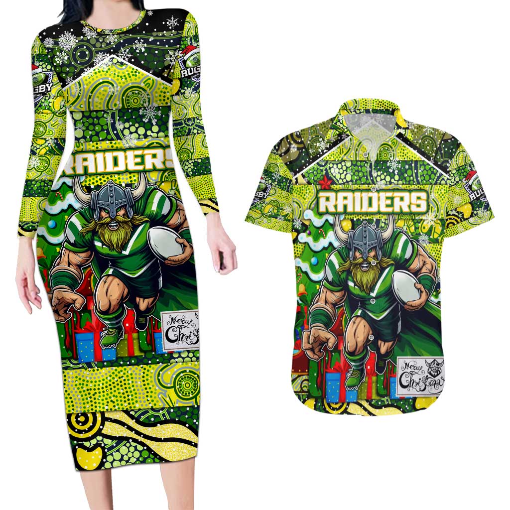 Custom Raiders Rugby Merry Christmas Couples Matching Long Sleeve Bodycon Dress and Hawaiian Shirt Indigenous Australian Art