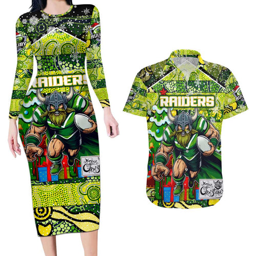 Custom Raiders Rugby Merry Christmas Couples Matching Long Sleeve Bodycon Dress and Hawaiian Shirt Indigenous Australian Art