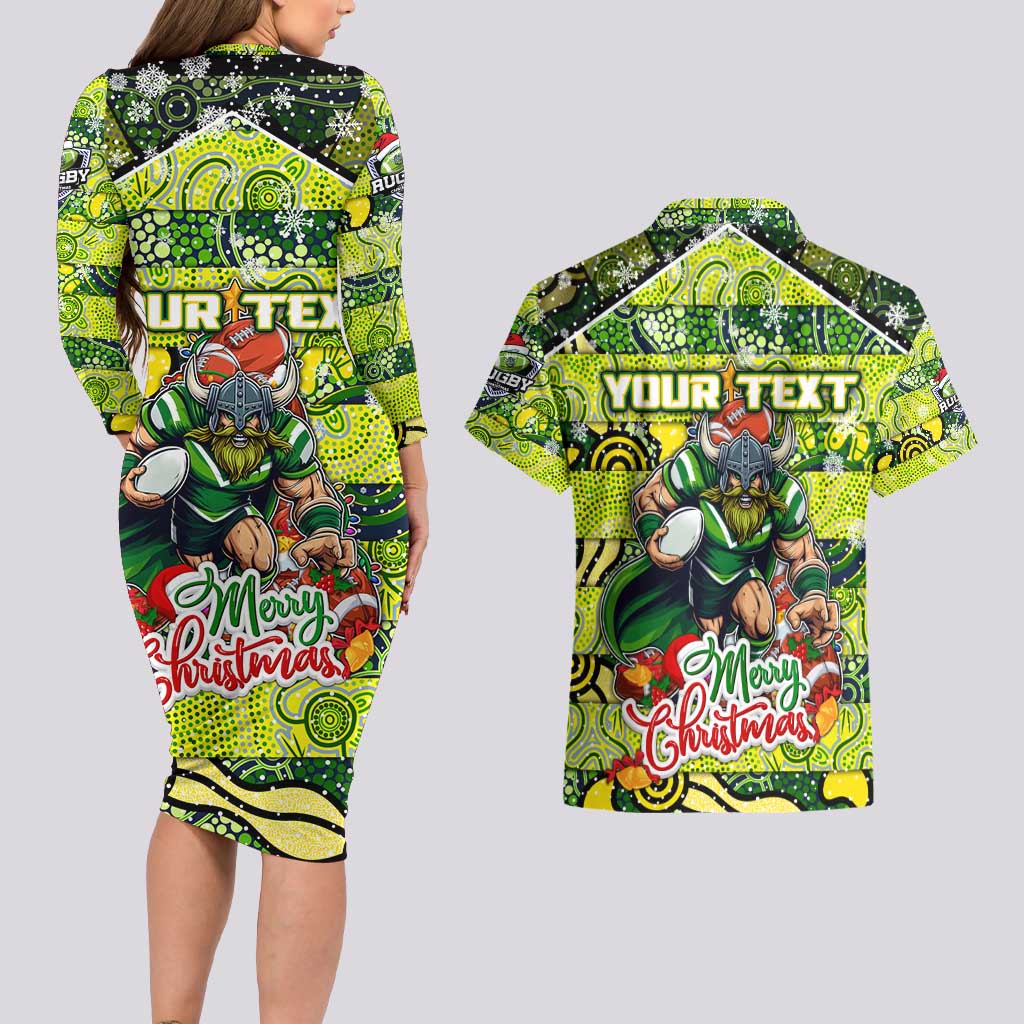 Custom Raiders Rugby Merry Christmas Couples Matching Long Sleeve Bodycon Dress and Hawaiian Shirt Indigenous Australian Art