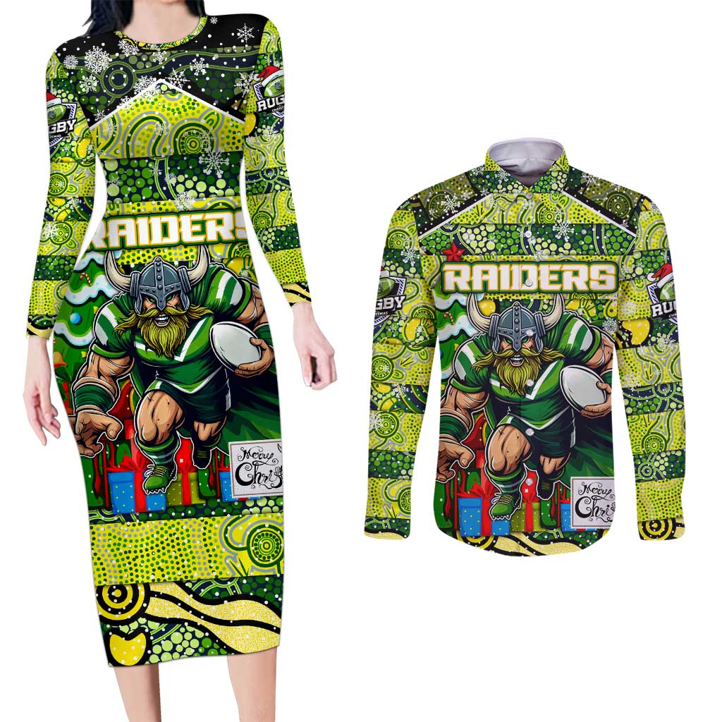 Custom Raiders Rugby Merry Christmas Couples Matching Long Sleeve Bodycon Dress and Long Sleeve Button Shirt Indigenous Australian Art