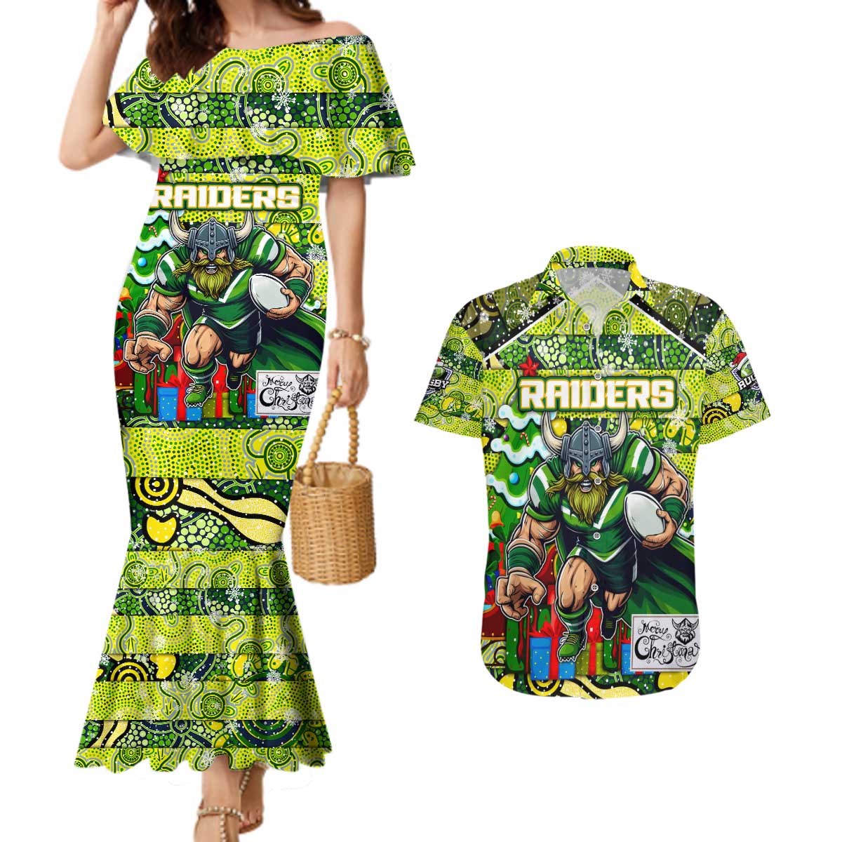 Custom Raiders Rugby Merry Christmas Couples Matching Mermaid Dress and Hawaiian Shirt Indigenous Australian Art