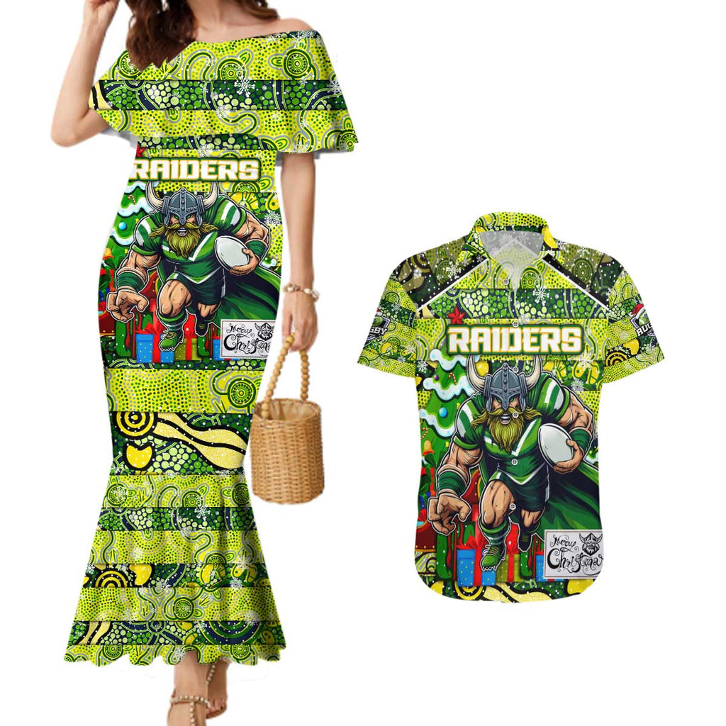 Custom Raiders Rugby Merry Christmas Couples Matching Mermaid Dress and Hawaiian Shirt Indigenous Australian Art