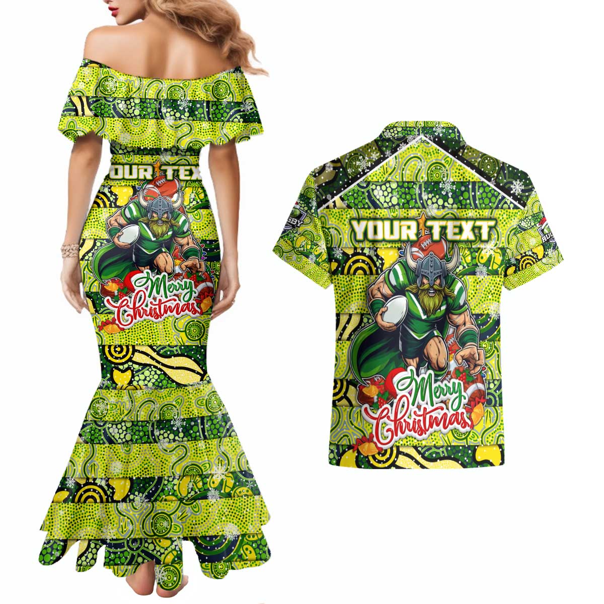 Custom Raiders Rugby Merry Christmas Couples Matching Mermaid Dress and Hawaiian Shirt Indigenous Australian Art