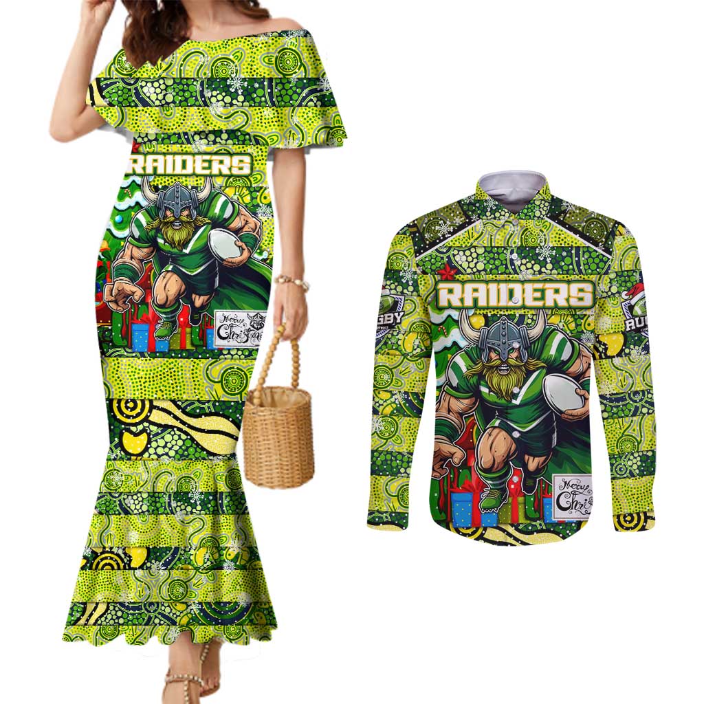 Custom Raiders Rugby Merry Christmas Couples Matching Mermaid Dress and Long Sleeve Button Shirt Indigenous Australian Art