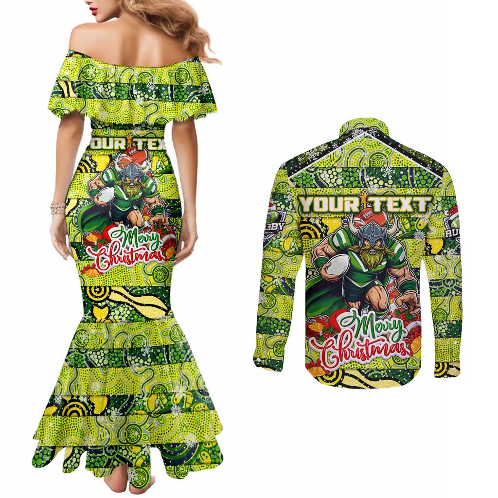 Custom Raiders Rugby Merry Christmas Couples Matching Mermaid Dress and Long Sleeve Button Shirt Indigenous Australian Art