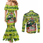 Custom Raiders Rugby Merry Christmas Couples Matching Mermaid Dress and Long Sleeve Button Shirt Indigenous Australian Art