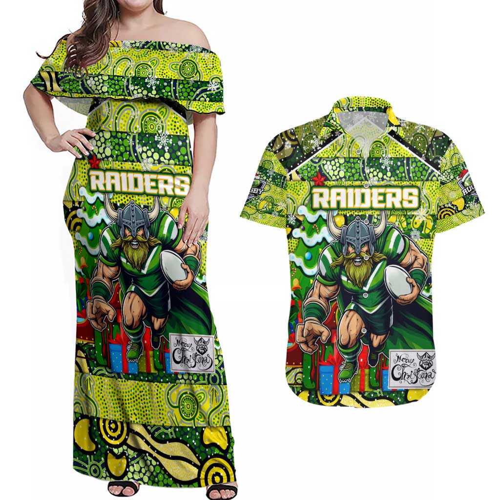 Custom Raiders Rugby Merry Christmas Couples Matching Off Shoulder Maxi Dress and Hawaiian Shirt Indigenous Australian Art
