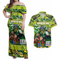Custom Raiders Rugby Merry Christmas Couples Matching Off Shoulder Maxi Dress and Hawaiian Shirt Indigenous Australian Art