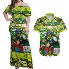 Custom Raiders Rugby Merry Christmas Couples Matching Off Shoulder Maxi Dress and Hawaiian Shirt Indigenous Australian Art
