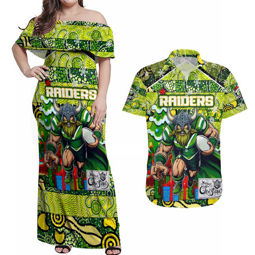 Custom Raiders Rugby Merry Christmas Couples Matching Off Shoulder Maxi Dress and Hawaiian Shirt Indigenous Australian Art