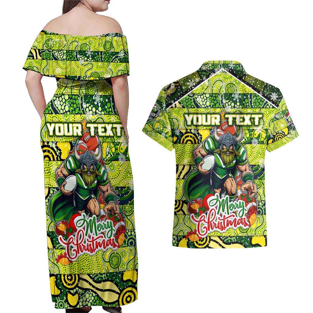 Custom Raiders Rugby Merry Christmas Couples Matching Off Shoulder Maxi Dress and Hawaiian Shirt Indigenous Australian Art