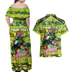 Custom Raiders Rugby Merry Christmas Couples Matching Off Shoulder Maxi Dress and Hawaiian Shirt Indigenous Australian Art