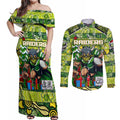 Custom Raiders Rugby Merry Christmas Couples Matching Off Shoulder Maxi Dress and Long Sleeve Button Shirt Indigenous Australian Art