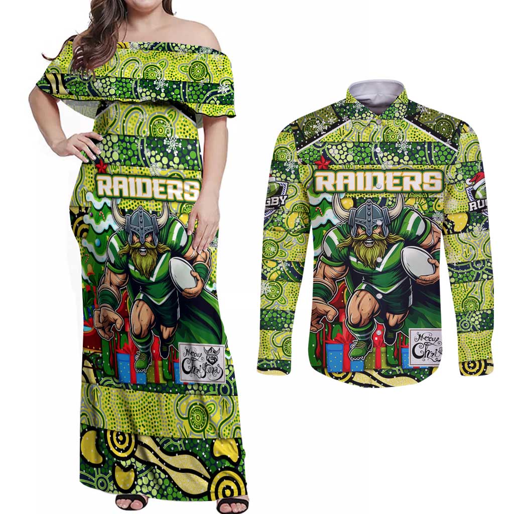 Custom Raiders Rugby Merry Christmas Couples Matching Off Shoulder Maxi Dress and Long Sleeve Button Shirt Indigenous Australian Art