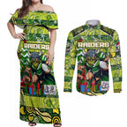Custom Raiders Rugby Merry Christmas Couples Matching Off Shoulder Maxi Dress and Long Sleeve Button Shirt Indigenous Australian Art