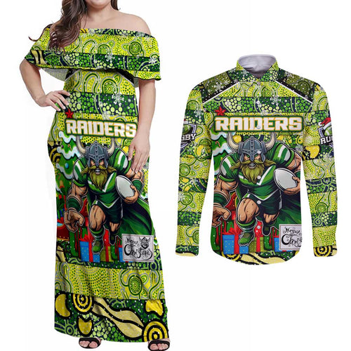 Custom Raiders Rugby Merry Christmas Couples Matching Off Shoulder Maxi Dress and Long Sleeve Button Shirt Indigenous Australian Art
