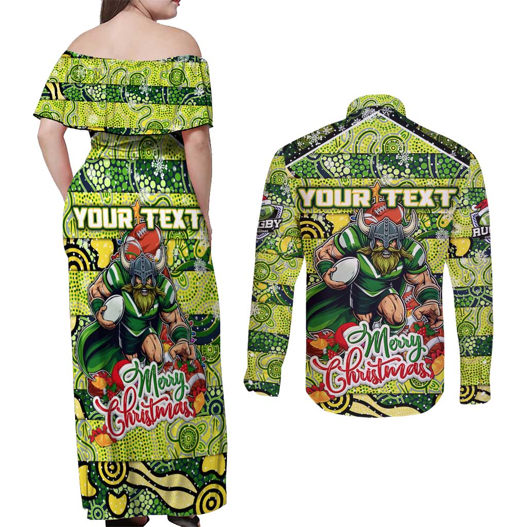Custom Raiders Rugby Merry Christmas Couples Matching Off Shoulder Maxi Dress and Long Sleeve Button Shirt Indigenous Australian Art