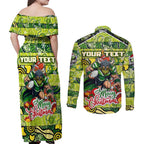 Custom Raiders Rugby Merry Christmas Couples Matching Off Shoulder Maxi Dress and Long Sleeve Button Shirt Indigenous Australian Art