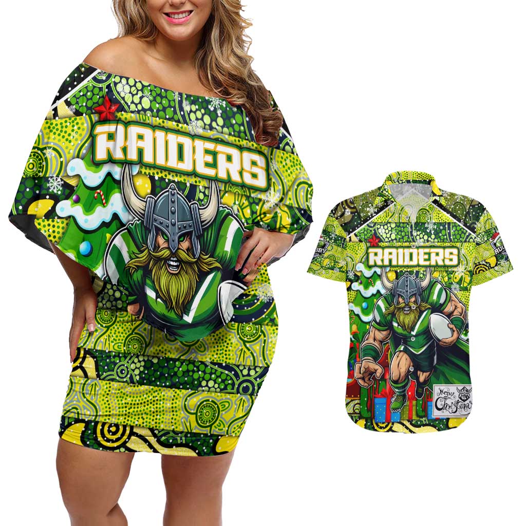 Custom Raiders Rugby Merry Christmas Couples Matching Off Shoulder Short Dress and Hawaiian Shirt Indigenous Australian Art
