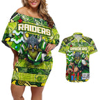 Custom Raiders Rugby Merry Christmas Couples Matching Off Shoulder Short Dress and Hawaiian Shirt Indigenous Australian Art