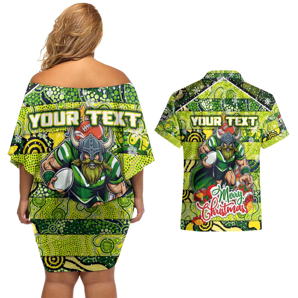 Custom Raiders Rugby Merry Christmas Couples Matching Off Shoulder Short Dress and Hawaiian Shirt Indigenous Australian Art