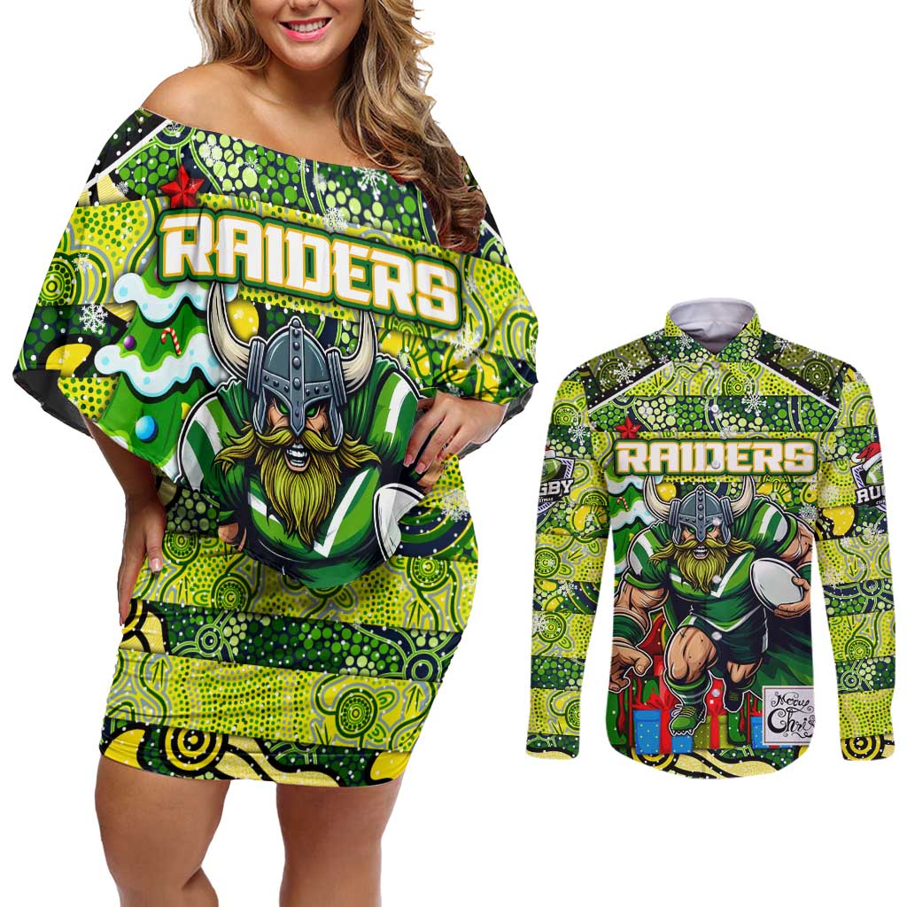 Custom Raiders Rugby Merry Christmas Couples Matching Off Shoulder Short Dress and Long Sleeve Button Shirt Indigenous Australian Art