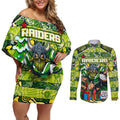 Custom Raiders Rugby Merry Christmas Couples Matching Off Shoulder Short Dress and Long Sleeve Button Shirt Indigenous Australian Art
