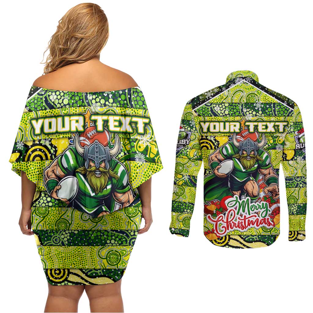 Custom Raiders Rugby Merry Christmas Couples Matching Off Shoulder Short Dress and Long Sleeve Button Shirt Indigenous Australian Art