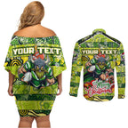 Custom Raiders Rugby Merry Christmas Couples Matching Off Shoulder Short Dress and Long Sleeve Button Shirt Indigenous Australian Art