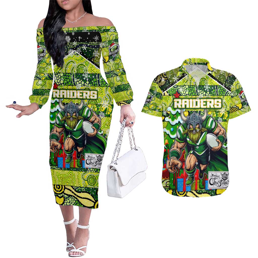 Custom Raiders Rugby Merry Christmas Couples Matching Off The Shoulder Long Sleeve Dress and Hawaiian Shirt Indigenous Australian Art