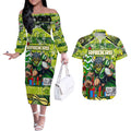 Custom Raiders Rugby Merry Christmas Couples Matching Off The Shoulder Long Sleeve Dress and Hawaiian Shirt Indigenous Australian Art