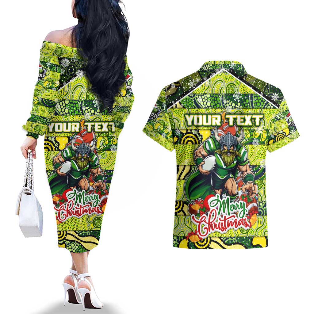 Custom Raiders Rugby Merry Christmas Couples Matching Off The Shoulder Long Sleeve Dress and Hawaiian Shirt Indigenous Australian Art