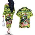 Custom Raiders Rugby Merry Christmas Couples Matching Off The Shoulder Long Sleeve Dress and Hawaiian Shirt Indigenous Australian Art