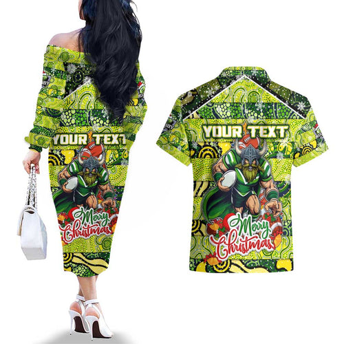 Custom Raiders Rugby Merry Christmas Couples Matching Off The Shoulder Long Sleeve Dress and Hawaiian Shirt Indigenous Australian Art