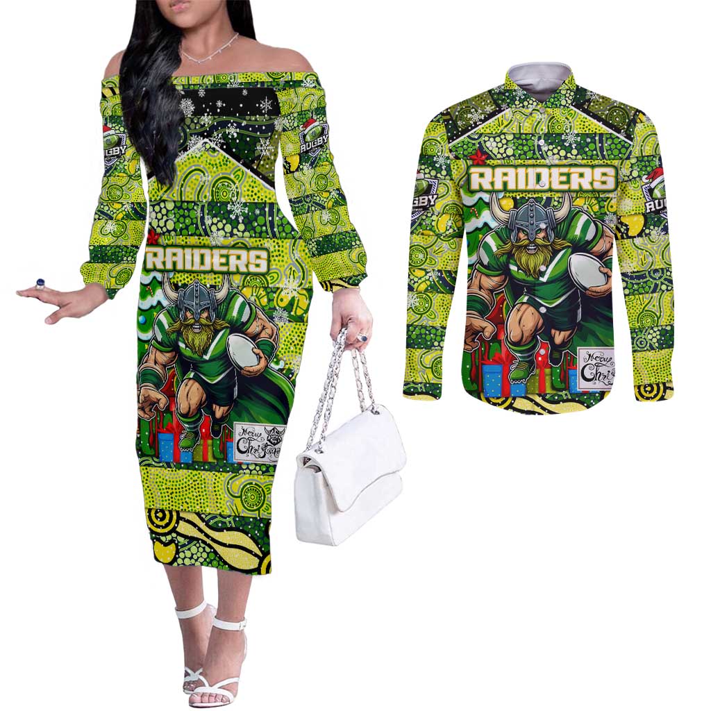 Custom Raiders Rugby Merry Christmas Couples Matching Off The Shoulder Long Sleeve Dress and Long Sleeve Button Shirt Indigenous Australian Art