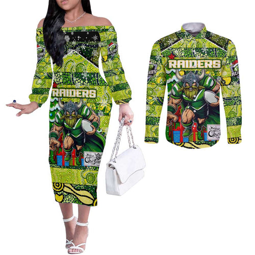 Custom Raiders Rugby Merry Christmas Couples Matching Off The Shoulder Long Sleeve Dress and Long Sleeve Button Shirt Indigenous Australian Art