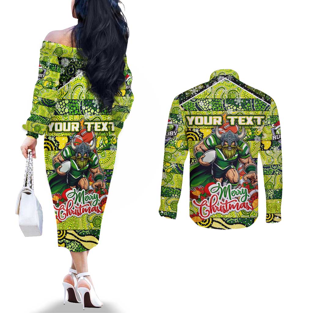 Custom Raiders Rugby Merry Christmas Couples Matching Off The Shoulder Long Sleeve Dress and Long Sleeve Button Shirt Indigenous Australian Art