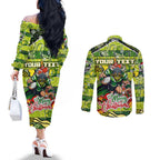 Custom Raiders Rugby Merry Christmas Couples Matching Off The Shoulder Long Sleeve Dress and Long Sleeve Button Shirt Indigenous Australian Art