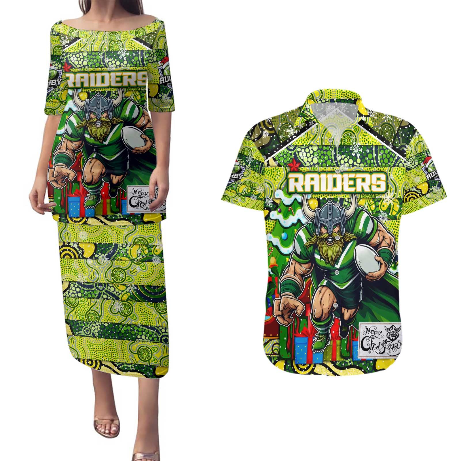 Custom Raiders Rugby Merry Christmas Couples Matching Puletasi and Hawaiian Shirt Indigenous Australian Art