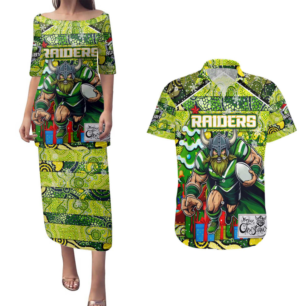 Custom Raiders Rugby Merry Christmas Couples Matching Puletasi and Hawaiian Shirt Indigenous Australian Art