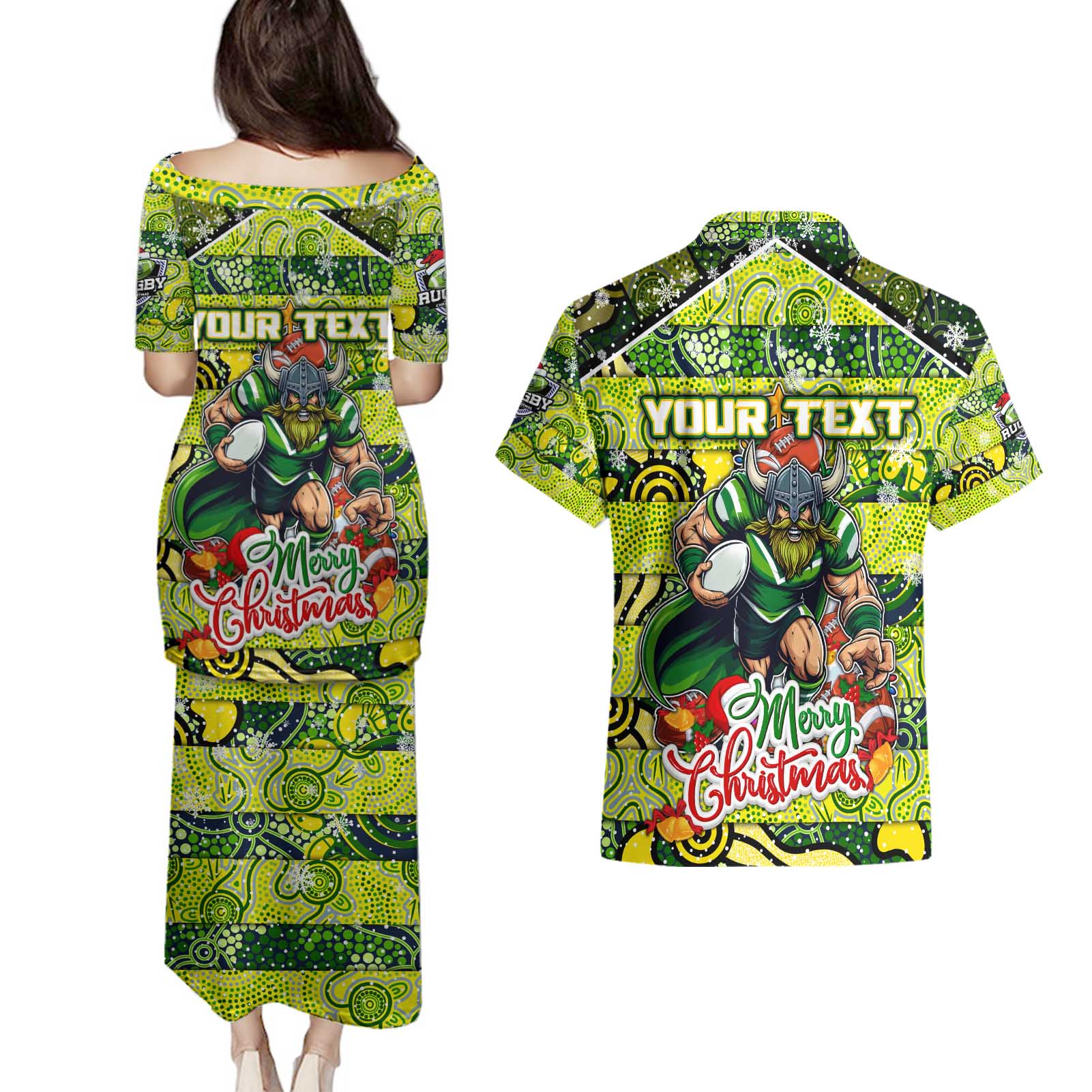 Custom Raiders Rugby Merry Christmas Couples Matching Puletasi and Hawaiian Shirt Indigenous Australian Art