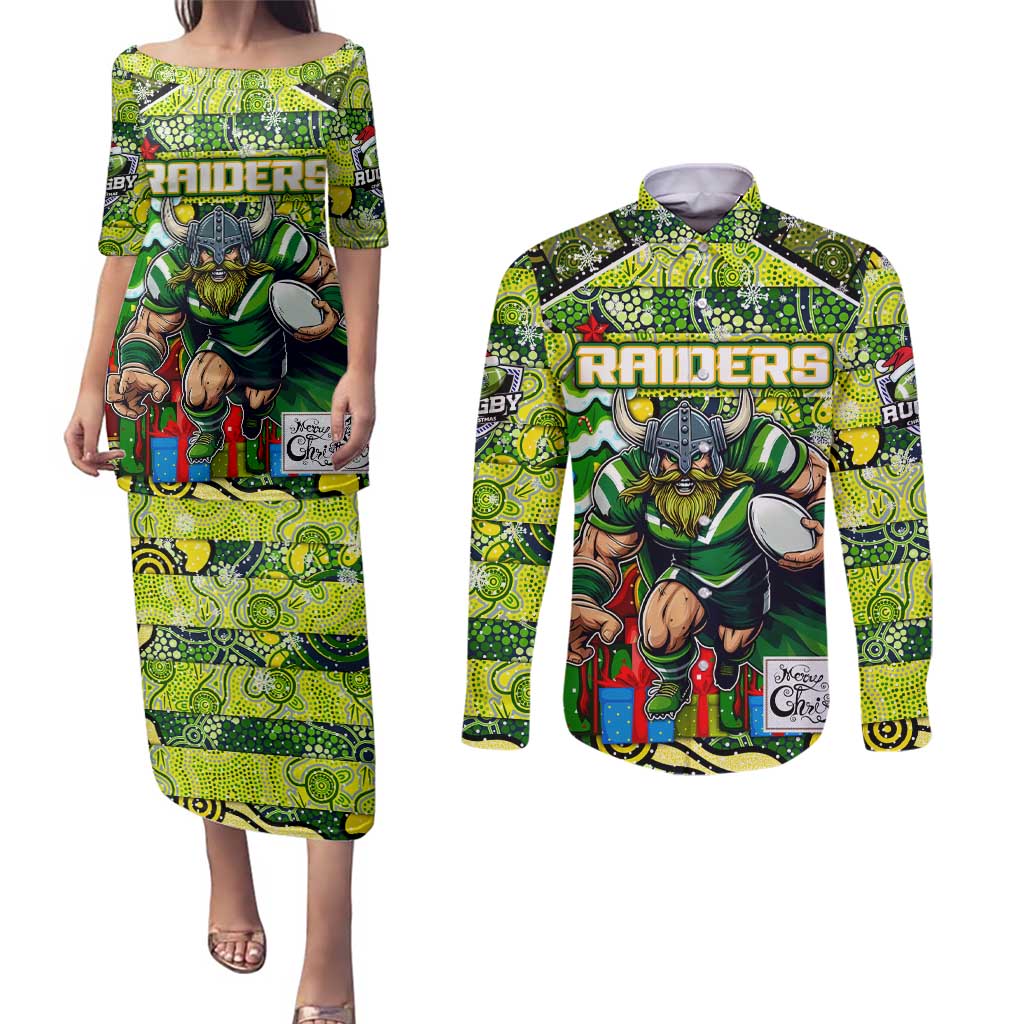 Custom Raiders Rugby Merry Christmas Couples Matching Puletasi and Long Sleeve Button Shirt Indigenous Australian Art