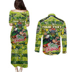 Custom Raiders Rugby Merry Christmas Couples Matching Puletasi and Long Sleeve Button Shirt Indigenous Australian Art