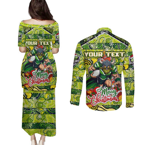 Custom Raiders Rugby Merry Christmas Couples Matching Puletasi and Long Sleeve Button Shirt Indigenous Australian Art
