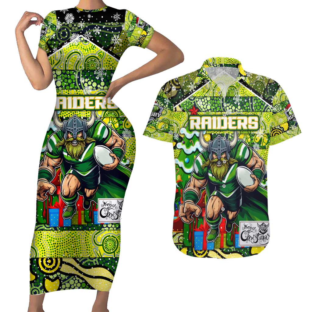 Custom Raiders Rugby Merry Christmas Couples Matching Short Sleeve Bodycon Dress and Hawaiian Shirt Indigenous Australian Art
