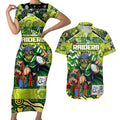 Custom Raiders Rugby Merry Christmas Couples Matching Short Sleeve Bodycon Dress and Hawaiian Shirt Indigenous Australian Art