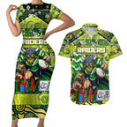 Custom Raiders Rugby Merry Christmas Couples Matching Short Sleeve Bodycon Dress and Hawaiian Shirt Indigenous Australian Art