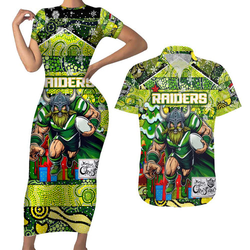 Custom Raiders Rugby Merry Christmas Couples Matching Short Sleeve Bodycon Dress and Hawaiian Shirt Indigenous Australian Art