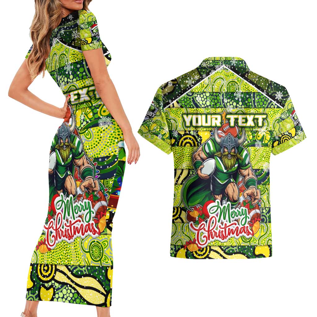 Custom Raiders Rugby Merry Christmas Couples Matching Short Sleeve Bodycon Dress and Hawaiian Shirt Indigenous Australian Art