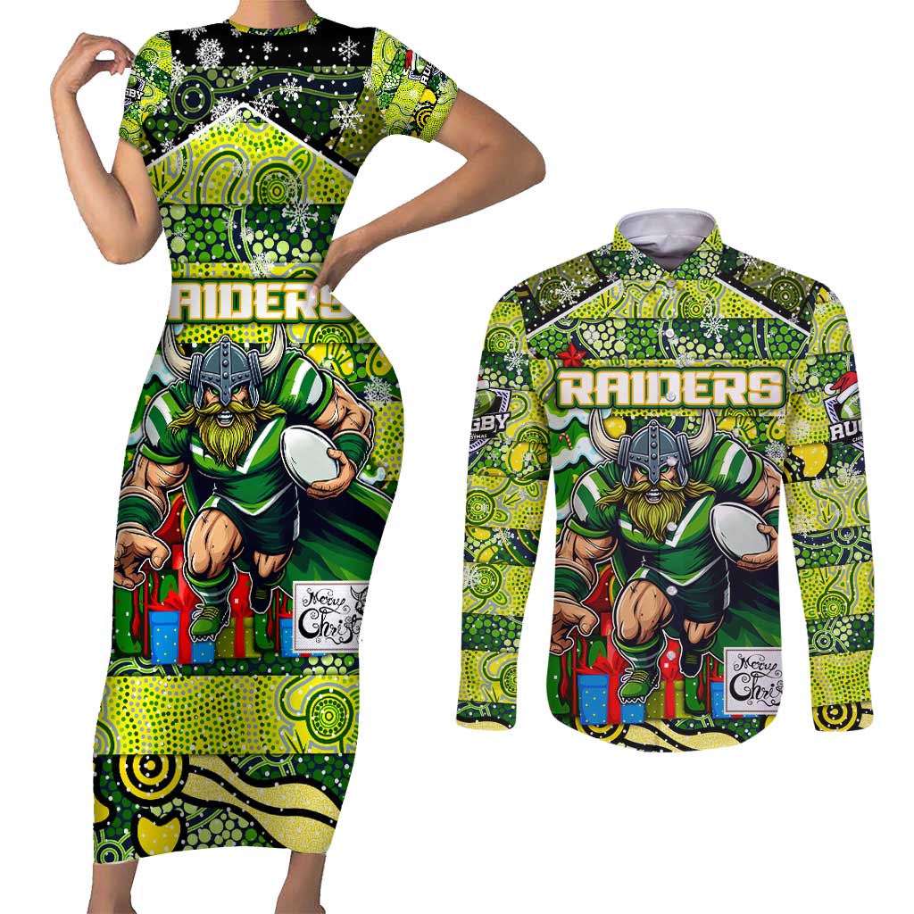 Custom Raiders Rugby Merry Christmas Couples Matching Short Sleeve Bodycon Dress and Long Sleeve Button Shirt Indigenous Australian Art